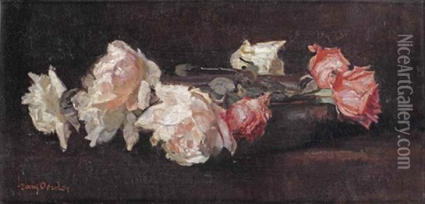 White And Pink Roses In A Bowl Oil Painting - Frans David Oerder