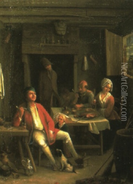 Peasants At A Table In An Interior Oil Painting - Jan Josef Horemans the Elder