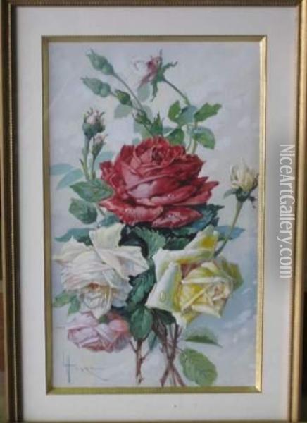 Roses Rouges, Jaunes Et Blanches Oil Painting - Louis Hingre