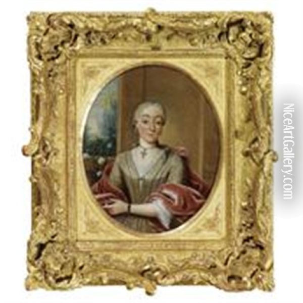 Portrait Of A Lady Wearing A Beige Dress And A Red Velvet Stole Oil Painting - Tiebout Regters