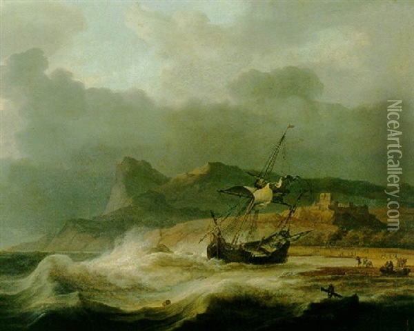 A Mountainous Coastal Landscape With A Merchant Ship Grounded In A Storm, Figures Gathered On The Shore, A Castle Beyond Oil Painting - Aernout (Johann Arnold) Smit
