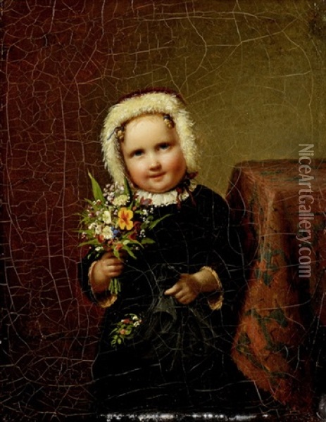 Kind Mit Weisser Haube Einen Blumenstrauss Haltend Oil Painting - Johann Georg Meyer von Bremen