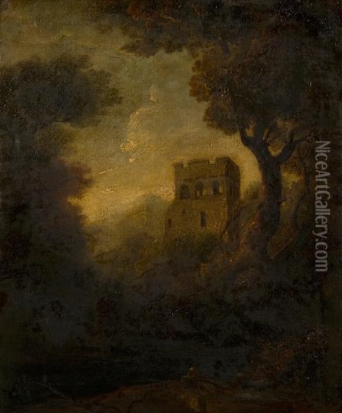 Castelated Tower In A Wooded Landscape Oil Painting - Thomas Gainsborough