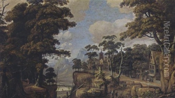 A Extensive Wooded Landscape With Huntsmen, Travellers Resting And Walking On Path, A City Nearby, And Mountains Beyond Oil Painting - Jan Looten
