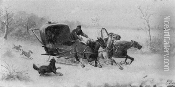 Winter Scene With Troikas Oil Painting - Adolf (Constantin) Baumgartner-Stoiloff
