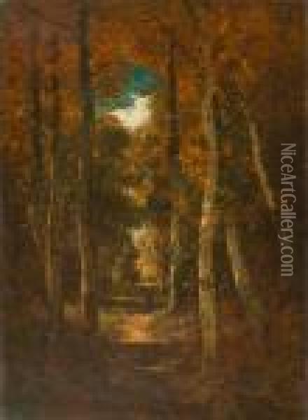 Woman On A Forest Path. Oil Painting - Leon Richet