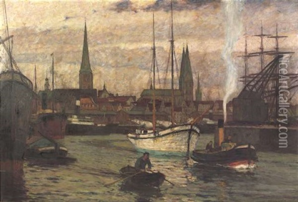 Im Hafen Von Lubeck, Im Hintergrund Die Turme Von St. Marien Und St. Petri Oil Painting - Carlos Grethe