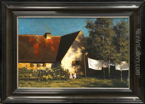 Sommerliche Idylle Mit Spielenden Kindern Vor Einem Bauernhaus Oil Painting - Paul Wilhelm Keller-Reutlingen