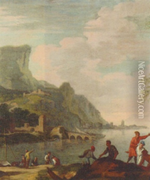 A Coastal Landscape With Fishermen On The Shore, A Jetty Beyond Oil Painting - Jacob De Heusch