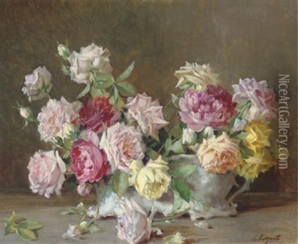 Roses In A Jardiniere Oil Painting - Licinio Barzanti