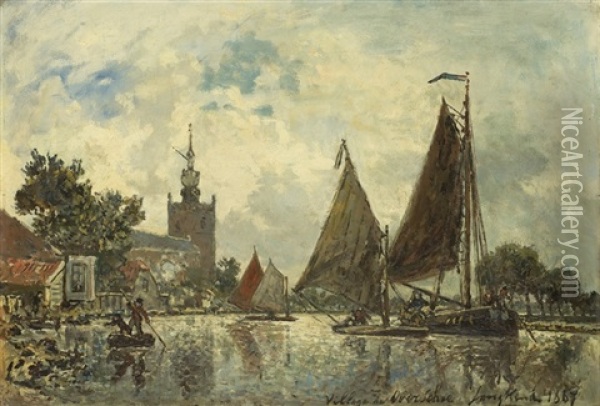Village D'overschie: Shipping On The River Schie Off The Grote Kerk, Overschie Oil Painting - Johan Barthold Jongkind