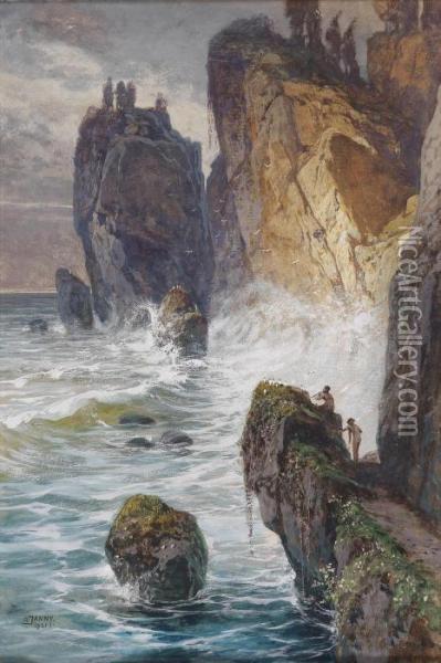 Mythological Motif With Fauns On A Rocky Coast Oil Painting - Georg Janny