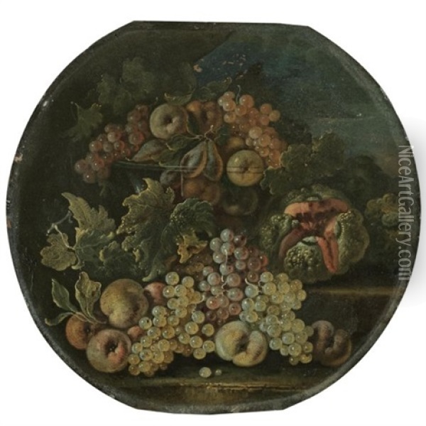 Still Life With Grapes, Apples, A Watermelon And Other Fruits Aranged Over Some Stone Steps Oil Painting - Bartolomeo Castelli the Younger