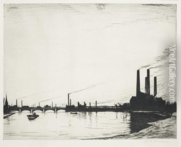 Chelsea Reach Power Stations Oil Painting - Christopher R. Wynne Nevinson