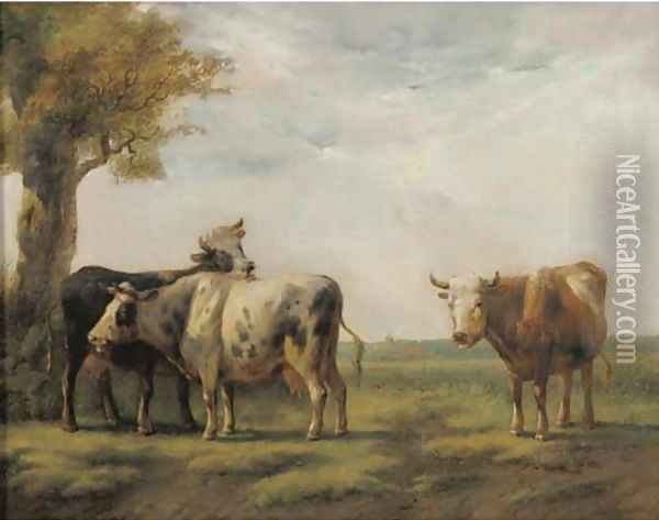 Cattle in a sunlit landscape Oil Painting - Albertus Verhoesen