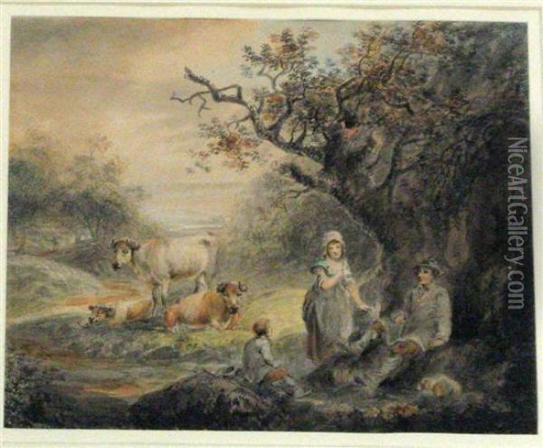 Pastoral Landscape With Rustics And Cattle Oil Painting - John Harding