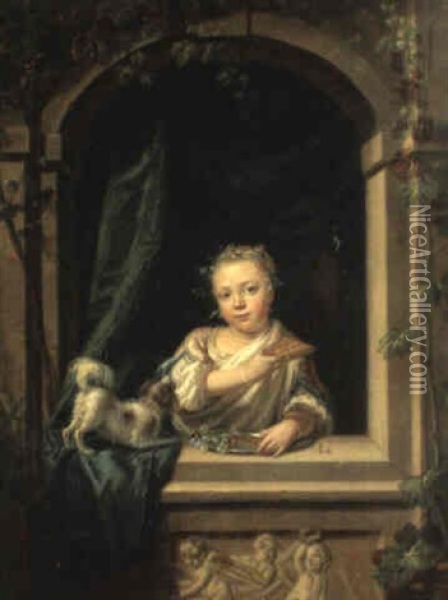 Kleines Waffelessendes Madchen Mit H_ndchen In Einem Fensterbogen Oil Painting - Hendrik Pothoven