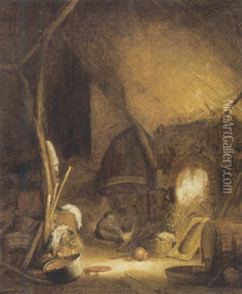 A Peasant Woman Seated By A Fire In A Barn, Pots And Pans In The Foreground Oil Painting - Isaac Van Ostade