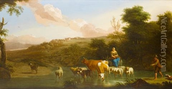 Shepherds Grazing Their Cattle Before An Open Italianate Landscape Oil Painting - Abraham Jansz. Begeyn