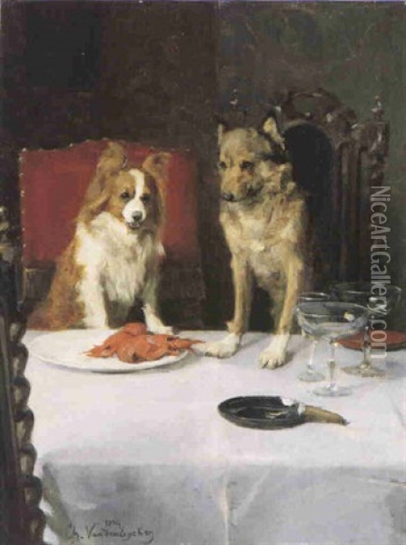 Twee Honden In Een Interieur Oil Painting - Charles van den Eycken