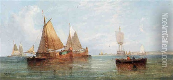 Dutch Barges Preparing To Sail Oil Painting - William Callcott Knell