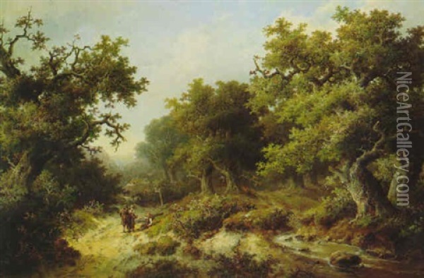 A Wooded Summerlandscape With Travellers Conversing On A    Sandy Track Along A Stream Oil Painting - Jacob Johannes Cremer