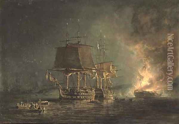 The burning of the Russian 74-gun Sewolod after she had been engaged and silenced by H.M.S. Implacable, Captain T. Byam Martin, in the Baltic Oil Painting - Nicholas Pocock