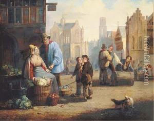 A Vegetable Seller At A Market In A City Centre, Children Playing Nearby Oil Painting - Gerrit Schimmelpenninck