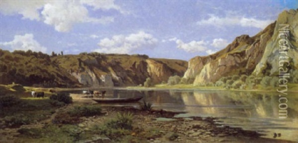 Au Bord De La Meuse, A Waulsort Pres Dinant Oil Painting - Jean Francois Xavier Roffiaen