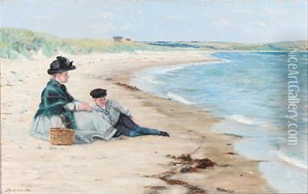 Beach Scene With A Mother And Her Son Oil Painting - Sophie Holten