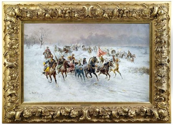 Grosser Reiterzug Der Kosaken Im Winter Oil Painting - Adolf (Constantin) Baumgartner-Stoiloff