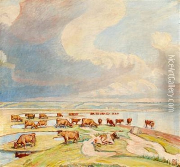 Landscape With Cows Oil Painting - Poul S. Christiansen