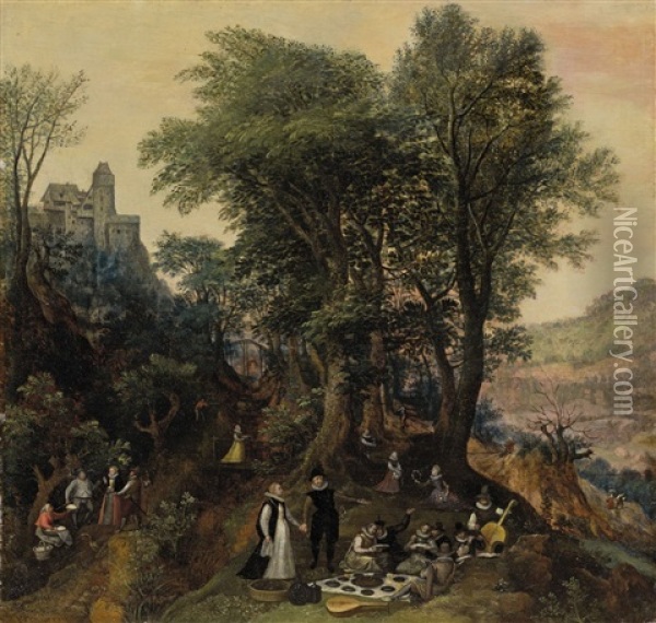 River Landscape In The Spring With Castle And Noblemen Oil Painting - Lucas Van Valkenborch