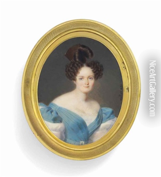 A Young Lady, In Off-the-shoulders Blue Dress With White Puff Sleeves, Brown Hair Elaborately Dressed In An Apollo Knot Secured With A Tortoiseshell Comb Oil Painting - Frederic Millet