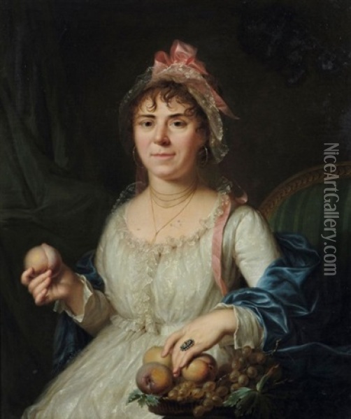 Portrait De Femme Tenant Une Peche Oil Painting - Louis Rolland Trinquesse