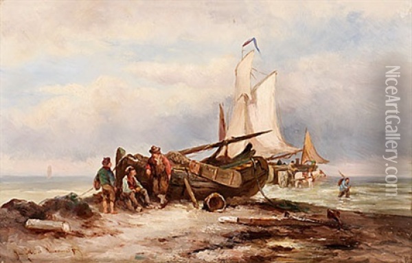 Kustlandskap Med Fiskare Oil Painting - Johannes Koekkoek