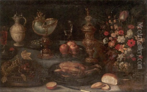 Groses Variastilleben Auf Einem Tisch. Ein Gebratenes Huhn, Ein Bastkorb Mit Trauben Und Eine Vase Oil Painting - Georg Flegel