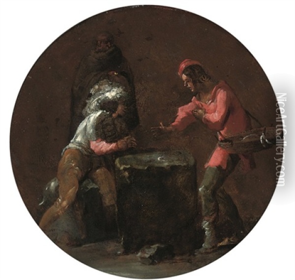 A Cavalier And A Young Peddler Playing Dice Oil Painting - Leonard Bramer
