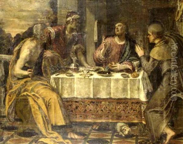 Le Christ Et Les Pelerins D'emmaus Oil Painting - Jacopo Palma il Giovane