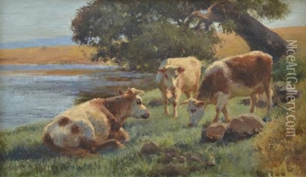 Cattle By The Stream Oil Painting - Jan Hendrik Scheltema