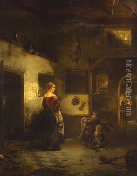 Mere Et Enfant Dans Un Interieur Oil Painting - Willem Linnig the Younger