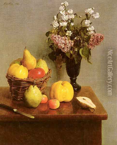 Still Life With Flowers And Fruit Oil Painting - Ignace Henri Jean Fantin-Latour