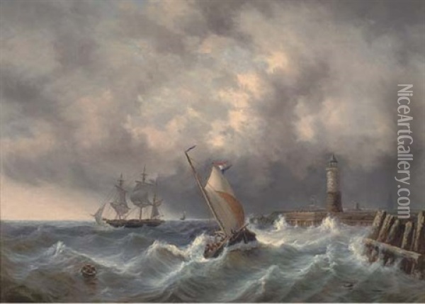 In A Swell Off The Harbour Walls Oil Painting - Josef Karl Berthold Puettner