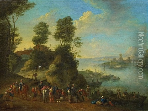 Flusslandschaft Mit Reitern Und Booten Oil Painting - Jan Frans van Bredael the Elder