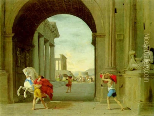 A Capriccio Of A Classical Triumphal Arch And Temples With Alexander And Diogenes Oil Painting - Jean (Lemaire-Poussin) Lemaire