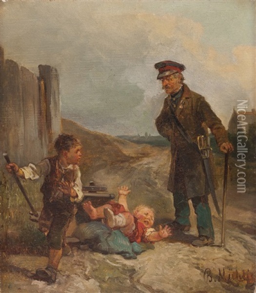 Alter Soldat Mit Spielenden Kindern Oil Painting - Bernhard Muehlig