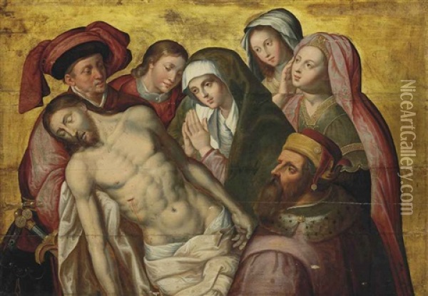 The Lamentation With Mary Magdalene, Saint John The Evangelist And Donors Oil Painting - Hugo Van Der Goes