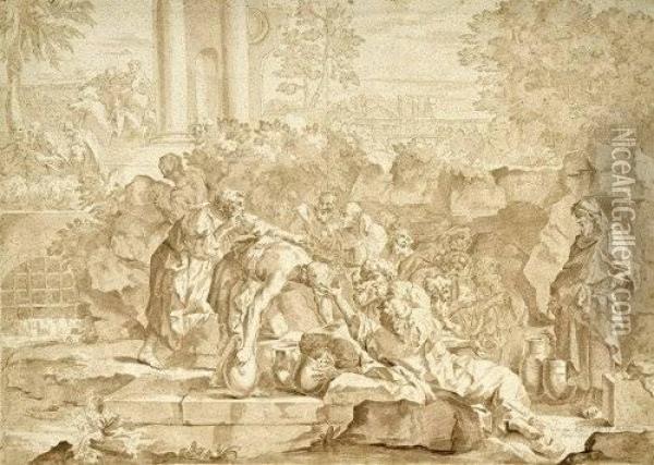 Szene Aus Der Antiken Geschichte: Ein Mann Gibt Durstenden Zu Trinken Oil Painting - Jacopo Alessandro Calvi Il Sordino