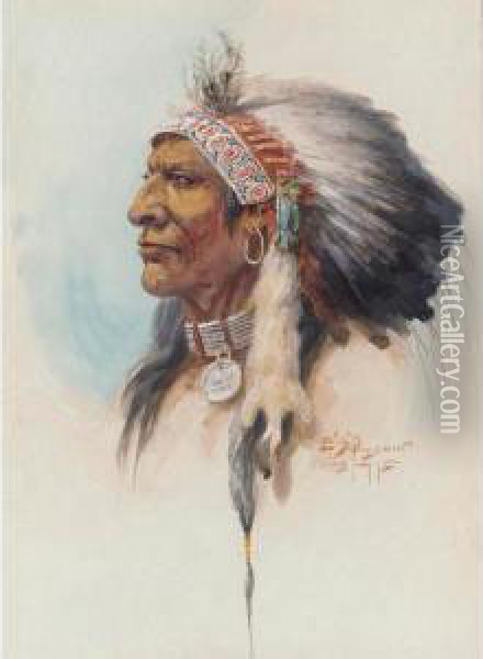 Blackfoot Chief In Headdress Oil Painting - Edgar Samuel Paxson