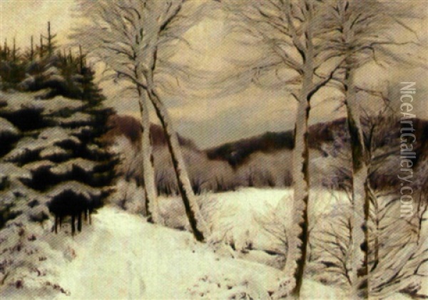 Skovparti Vinter Oil Painting - Hans Mortensen Agersnap